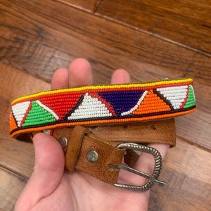 Vintage P.C.W. Multi Color Southwest Beaded Inlay Natural Leather Belt 34’’